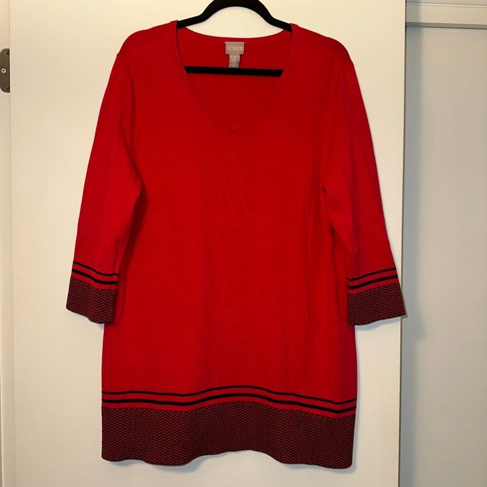 Chicos Women’s Size 2 (Large) V Neck Tunic Sweater 3/4 Sleeve Red Black GUC